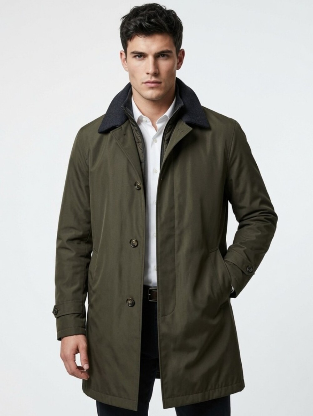 Mens London Fog Olive Trench Coat with Dark Collar ( Size : 44 R )